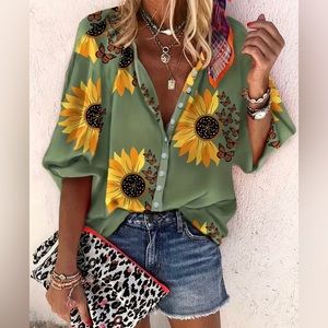 CLEARANCE NWOT Sunflower Print Button Front Shirt, Casual Long Sleeve Shirt